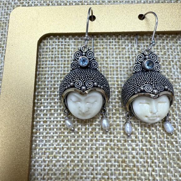 Unique NF Goddess 14K Gold Accent and Sterling Silver Carved Face Earrings - Picture 2 of 7